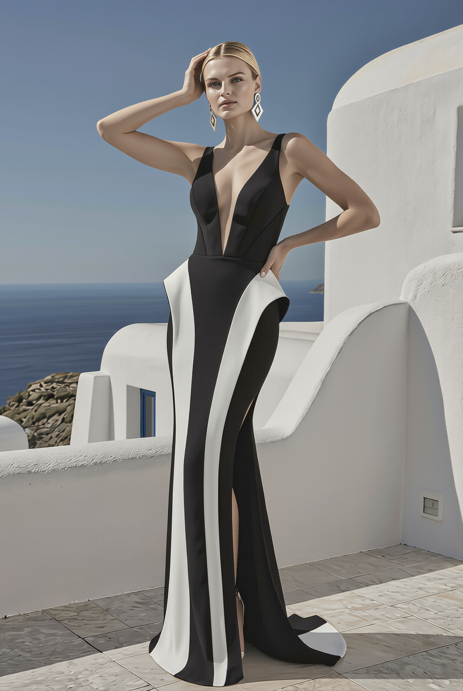 Aegean Architectural Dress in black and white with striped pattern, designed by PETRA KARA, featuring a stylish and modern silhouette.