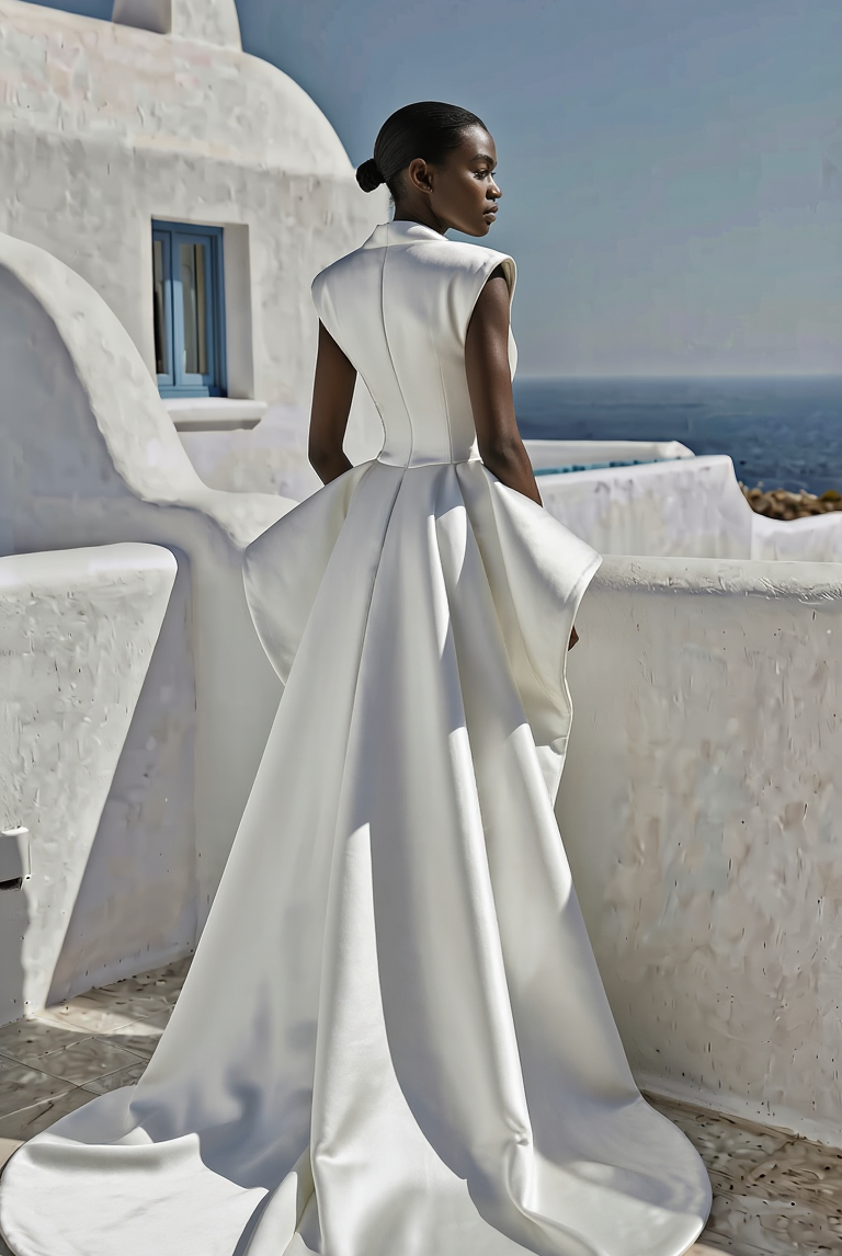 Elegant PETRA KARA Solar Architectural Dress featuring flowing fabric and modern design, displayed on a mannequin.