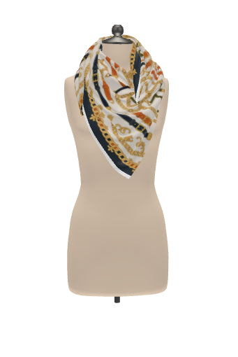 Petra Kara Limited "Horse" 100% silk scarf featuring a detailed horse design in vibrant colors.