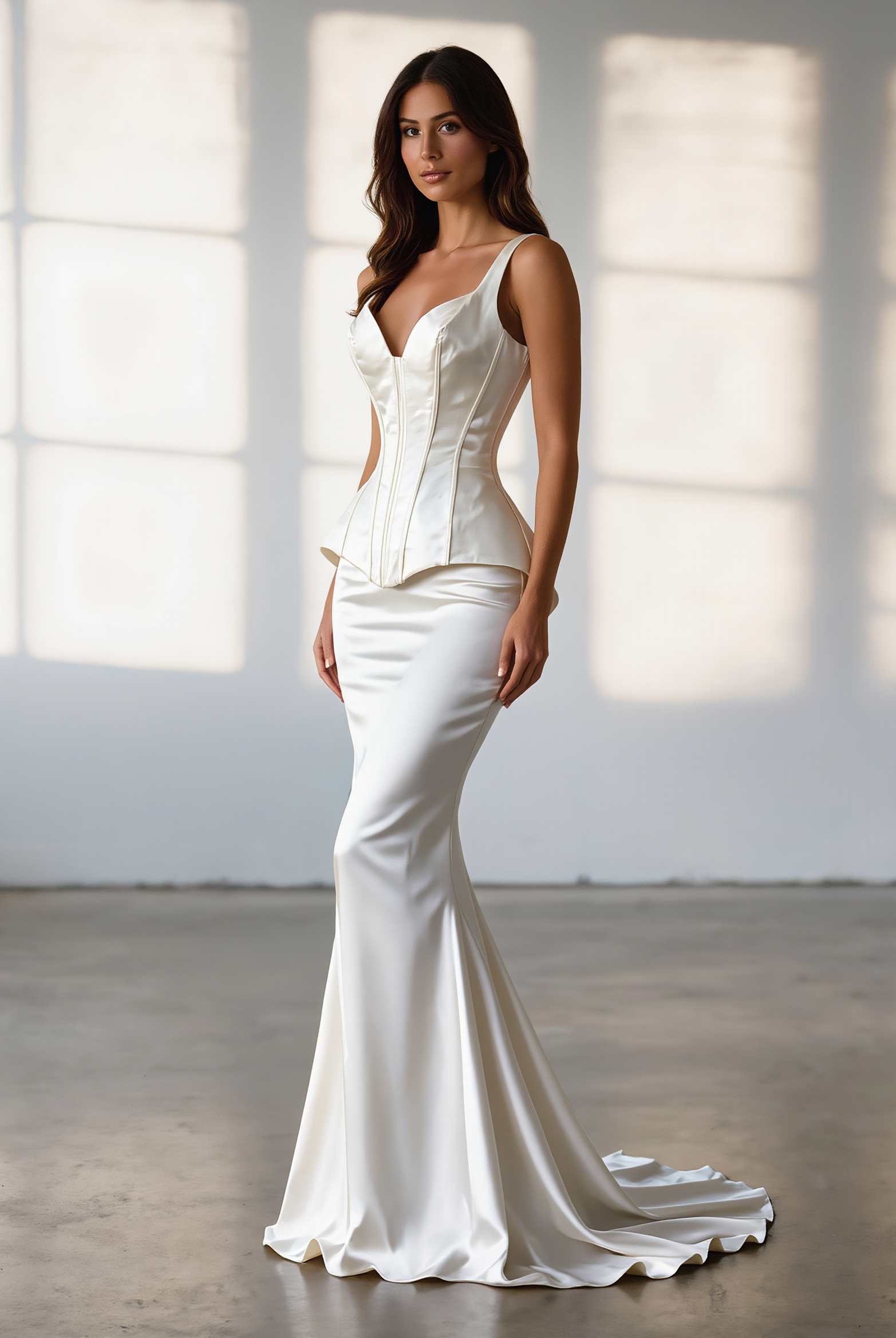 Elegant white GRACE corset wedding gala dress by PETRA KARA BRIDAL, featuring intricate lace details and a fitted bodice.