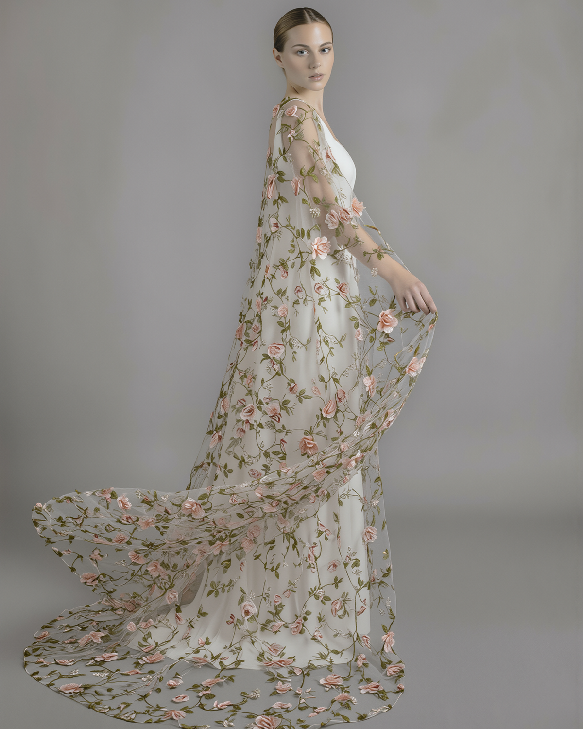 Romantic floral cape from Atelier Calliste in size S to XXL, featuring delicate flower patterns and lightweight fabric.