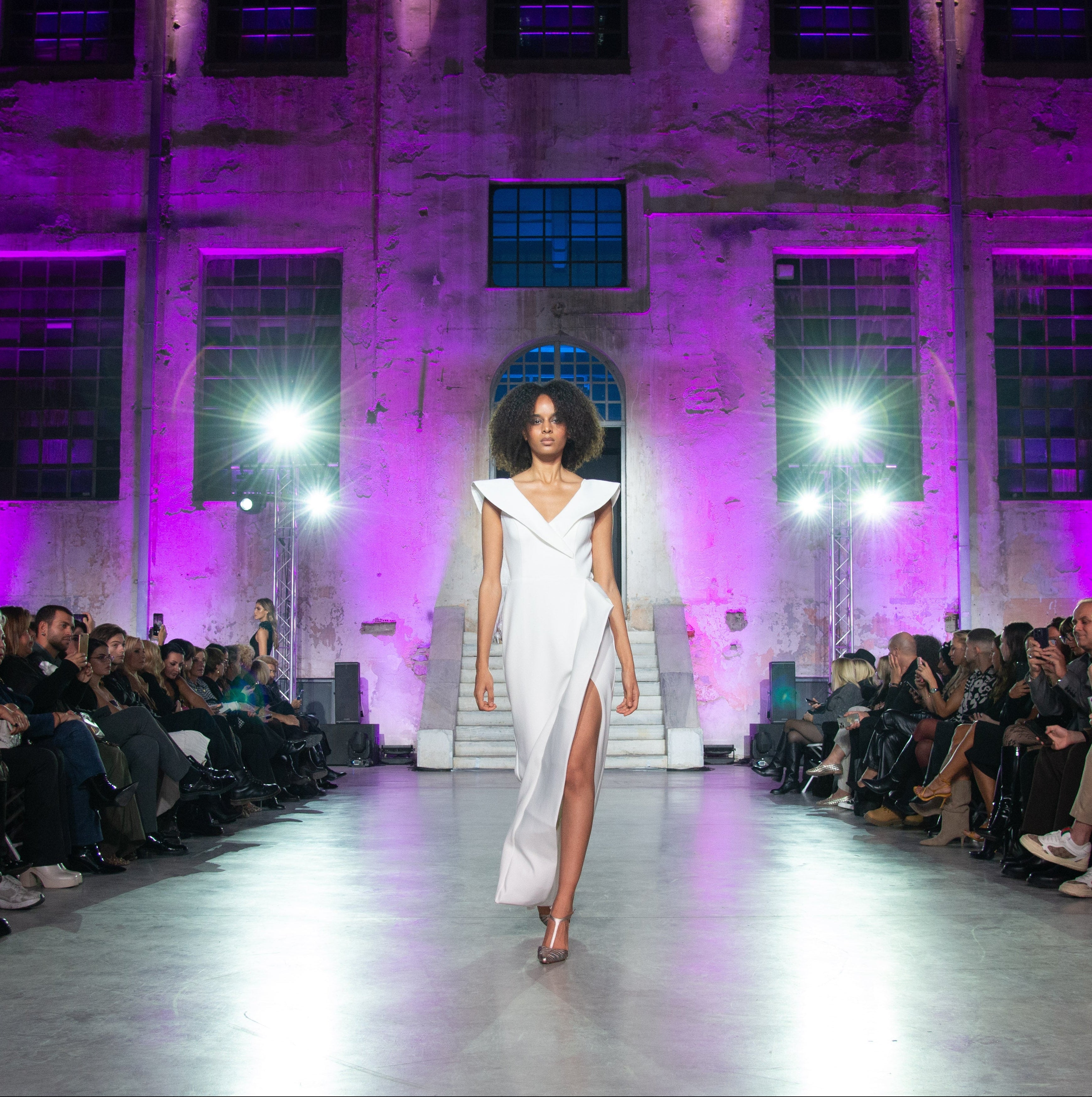 Elegant Aegean Architectural Dress by PETRA KARA featuring intricate patterns and flowing fabric in natural tones.