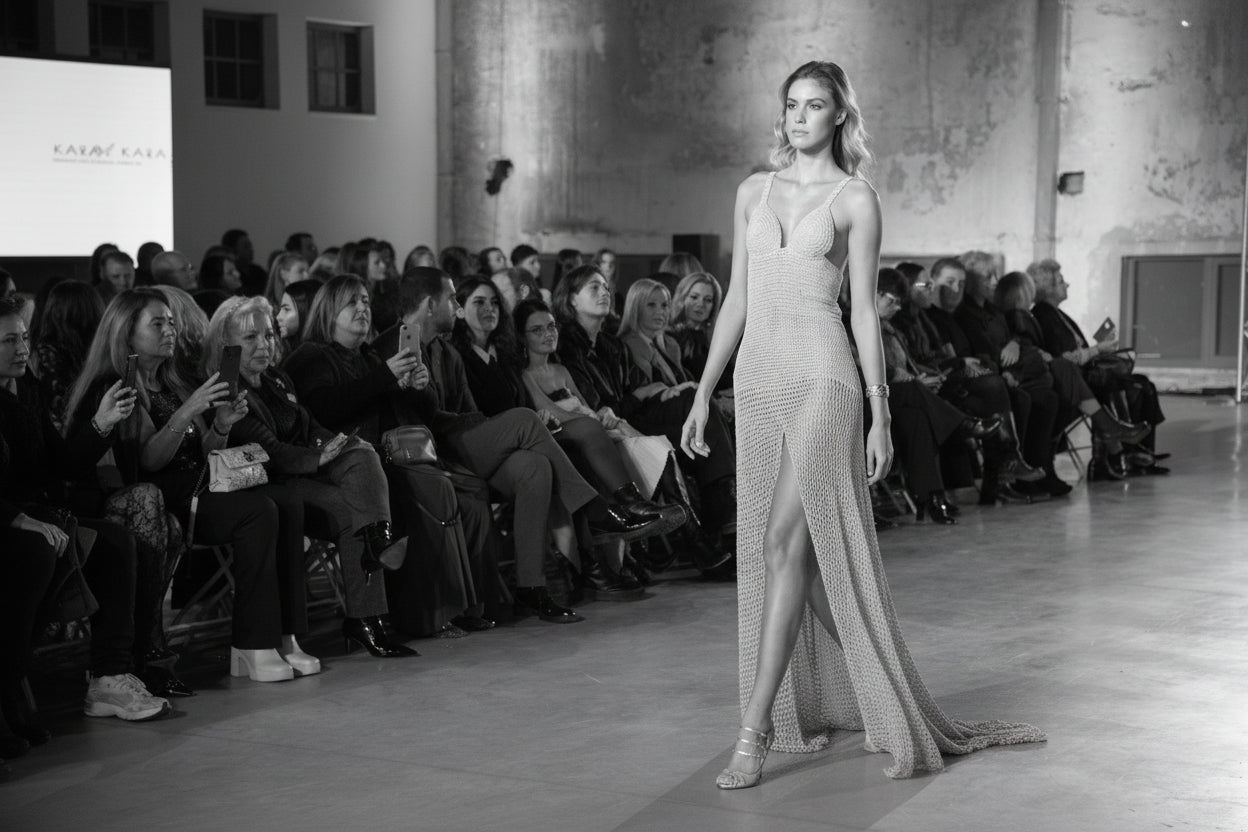 PETRA KARA KORI special occasion gold crochet art dress displayed on a mannequin with intricate crochet details and elegant design.