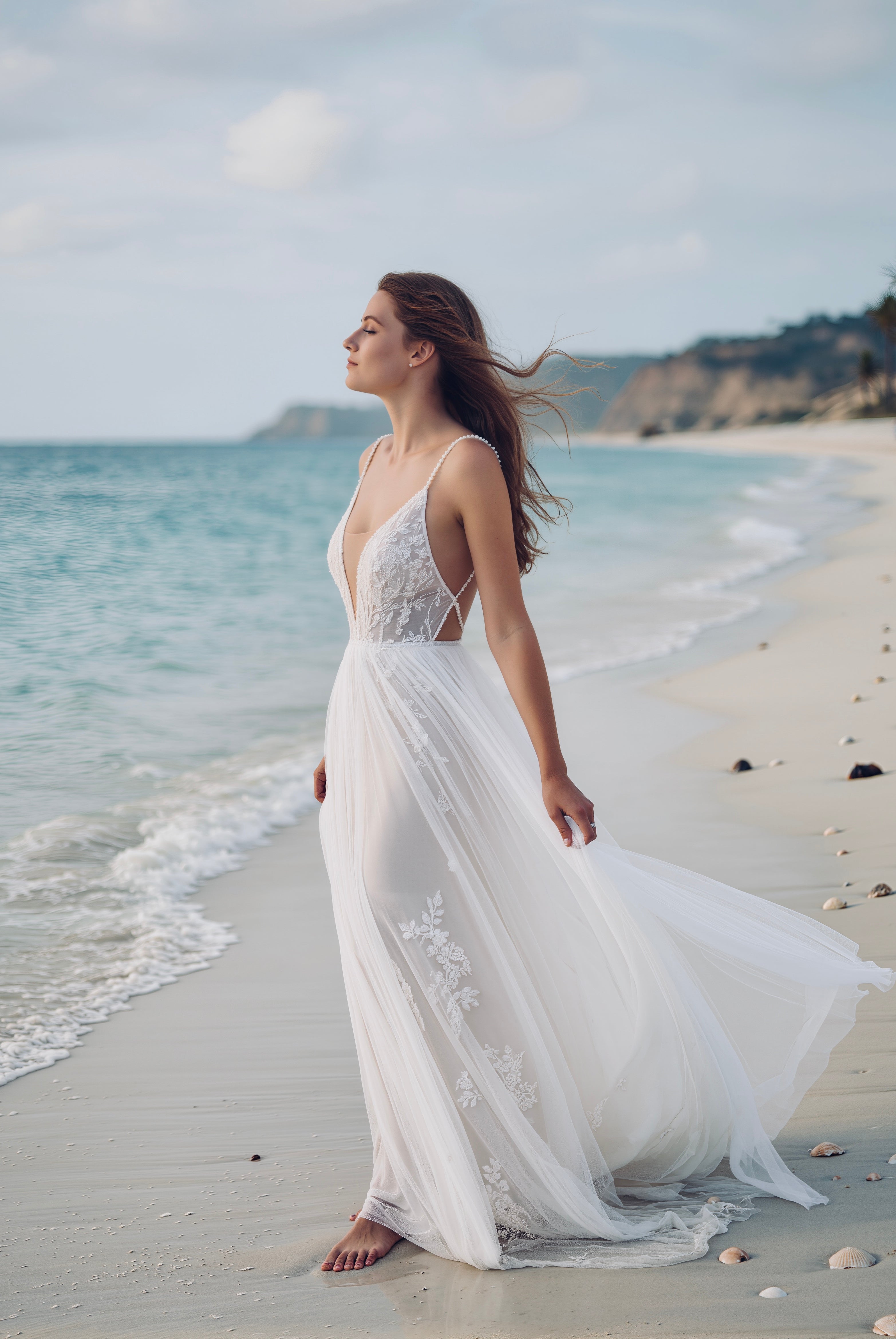 Ethereal Boho beach dress by Petra Kara Bridal featuring flowing fabric and bohemian style for summer beachwear.