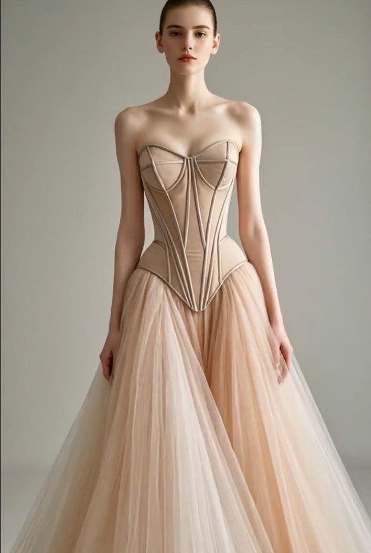 Petra Kara Bridal architectural corset dress featuring structured design and intricate detailing, perfect for elegant wedding attire.