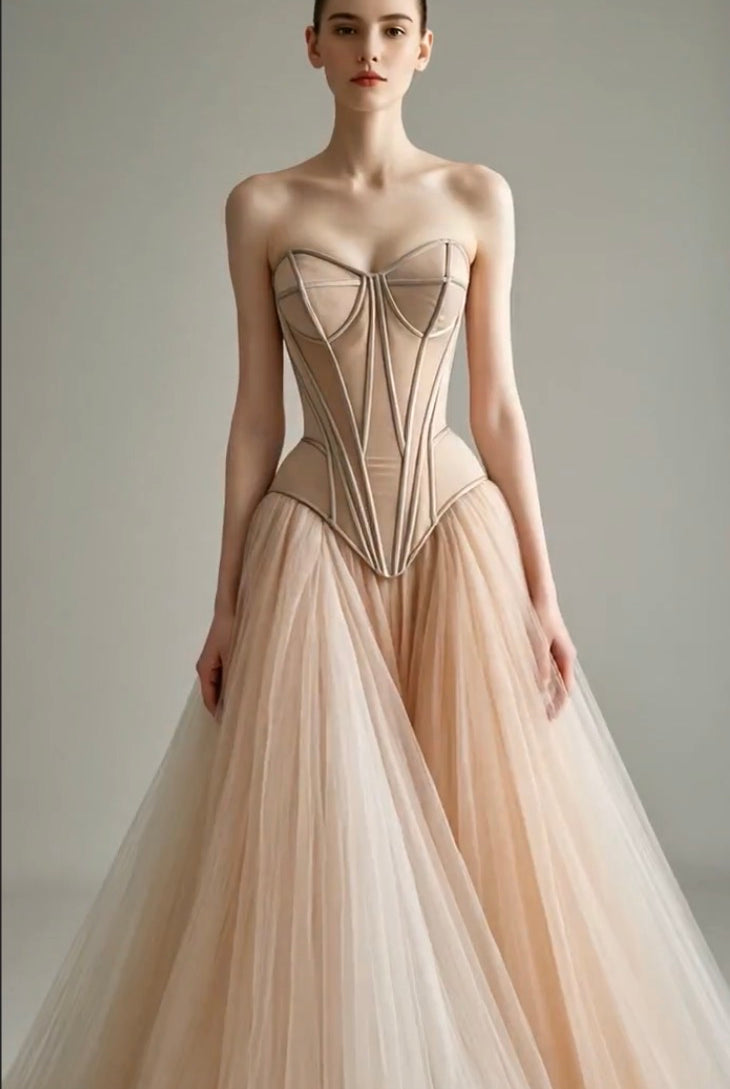 Custom Eirini corset sample by Petra Kara featuring intricate lace design and structured fit on a mannequin.