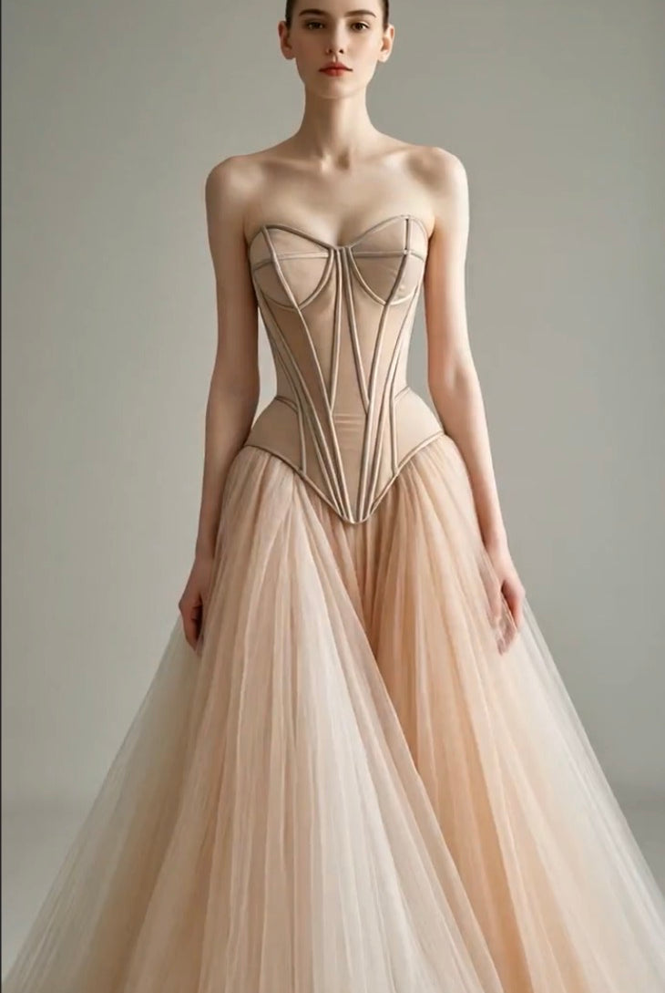Petra Kara Bridal architectural corset dress featuring structured design and intricate detailing, perfect for elegant wedding attire.