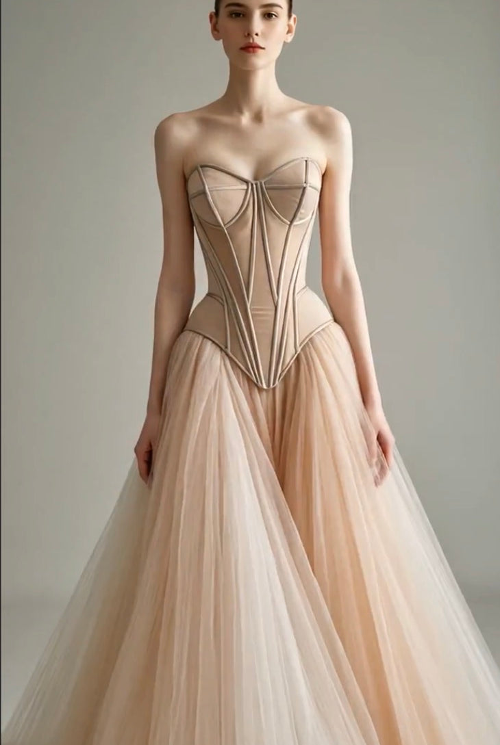 Petra Kara Bridal architectural corset dress featuring structured design and intricate detailing, perfect for elegant wedding attire.