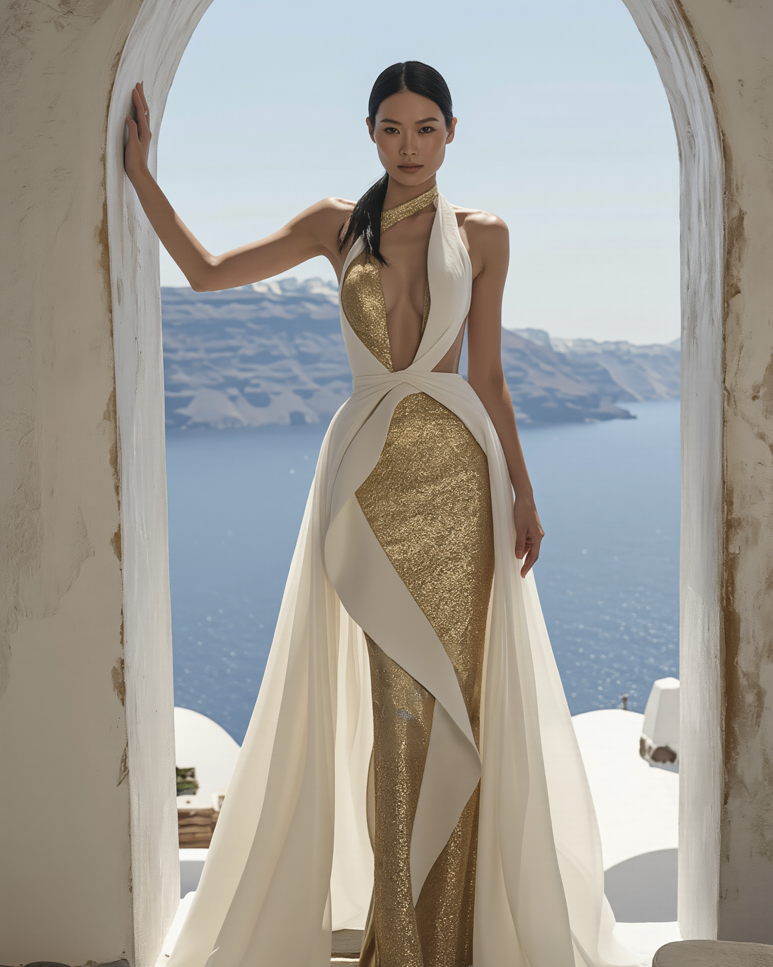 Petra Kara Mythos Dress in vibrant fabric, featuring a flowing design and elegant neckline, shown on a model.