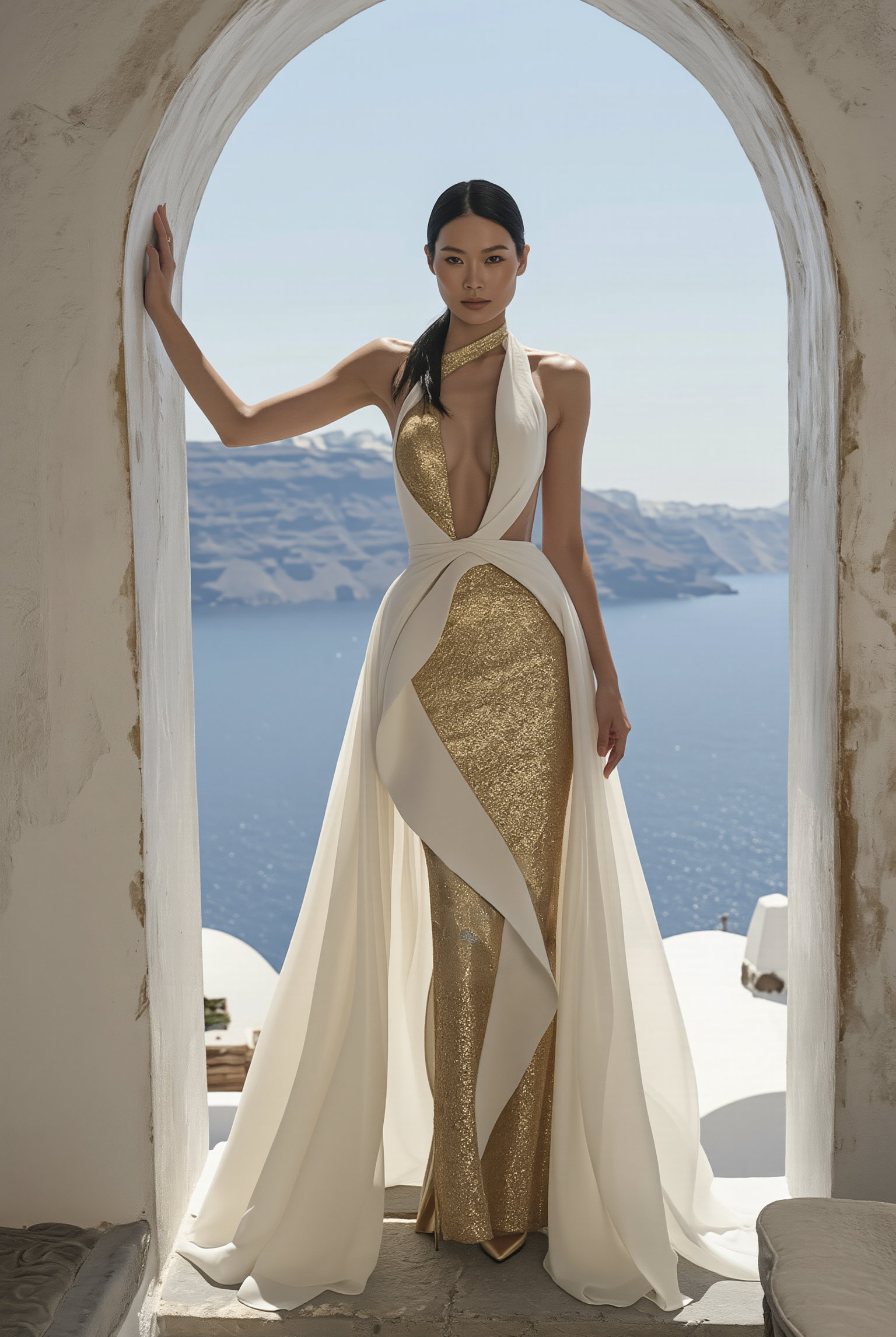 Petra Kara Mythos Dress in vibrant fabric, featuring a flowing design and elegant neckline, shown on a model.
