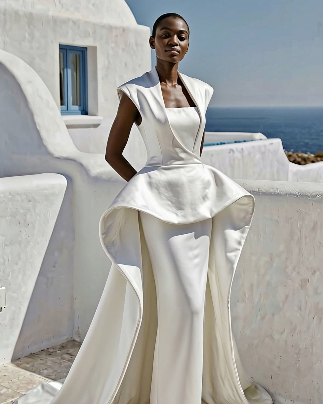 PETRA KARA solar architectural dress with flowing fabric and elegant design, displayed on a model in a modern setting.