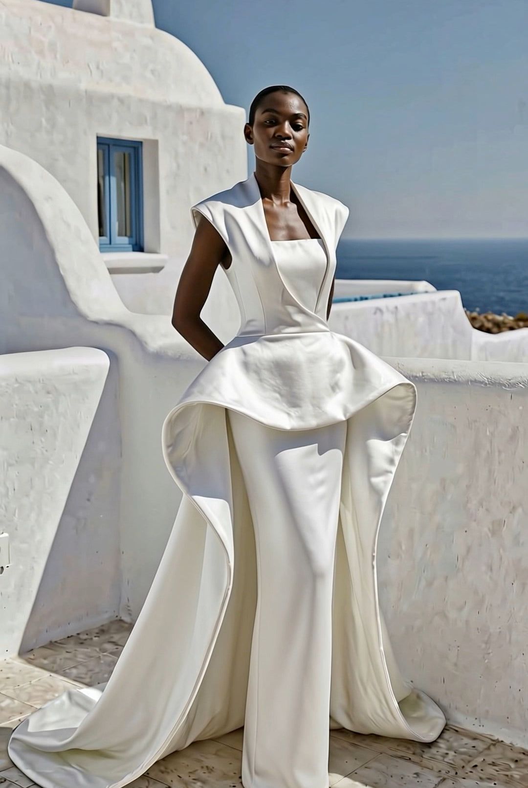 PETRA KARA solar architectural dress with flowing fabric and elegant design, displayed on a model in a modern setting.