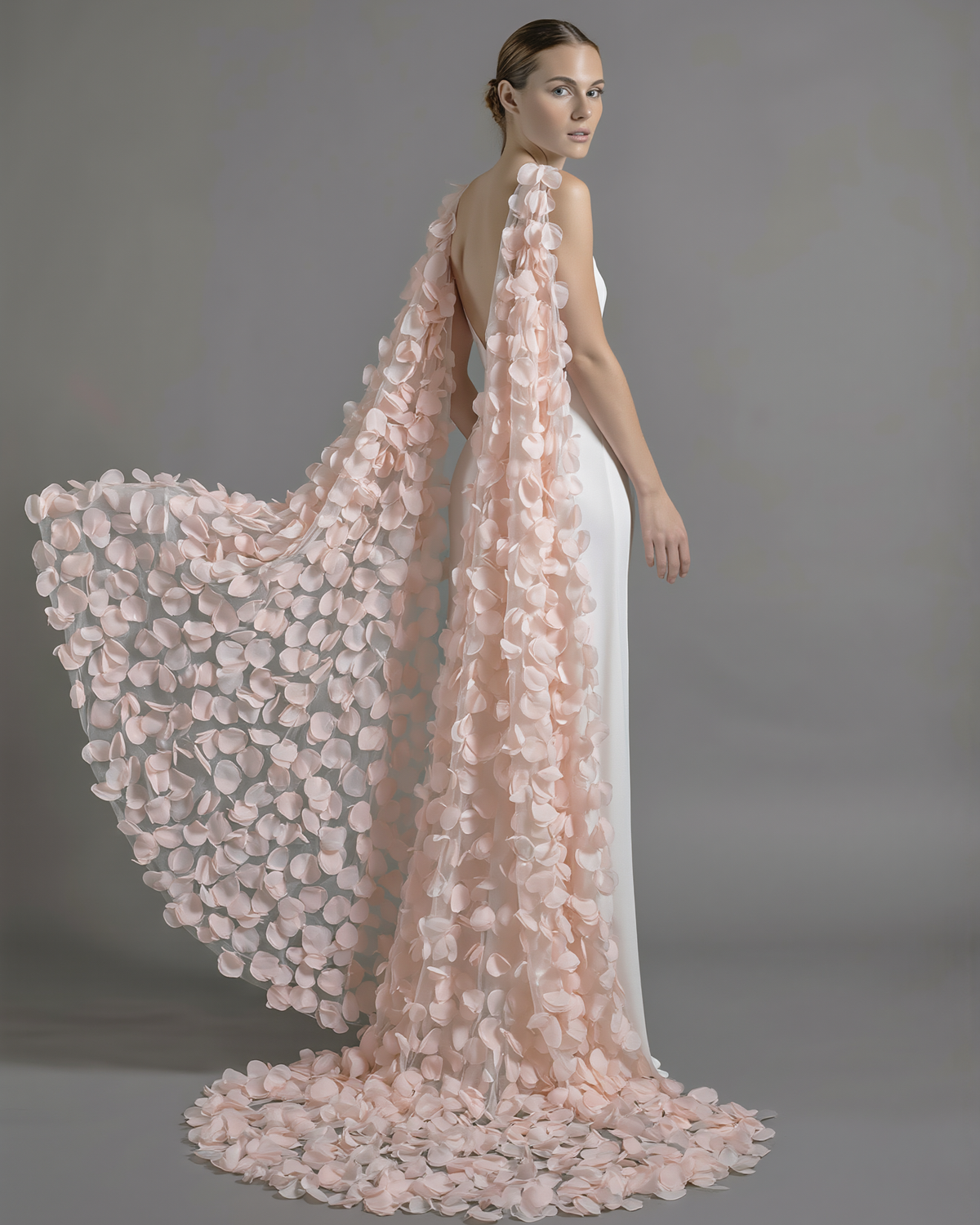 Atelier Calliste 3D flowers veil cape featuring intricate floral embroidery and delicate sheer fabric for elegant fashion.