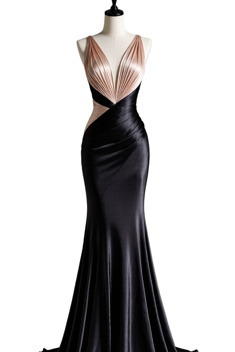 Black nude evening dress by PETRA KARA, featuring elegant fabric and a sophisticated silhouette, displayed on a mannequin.