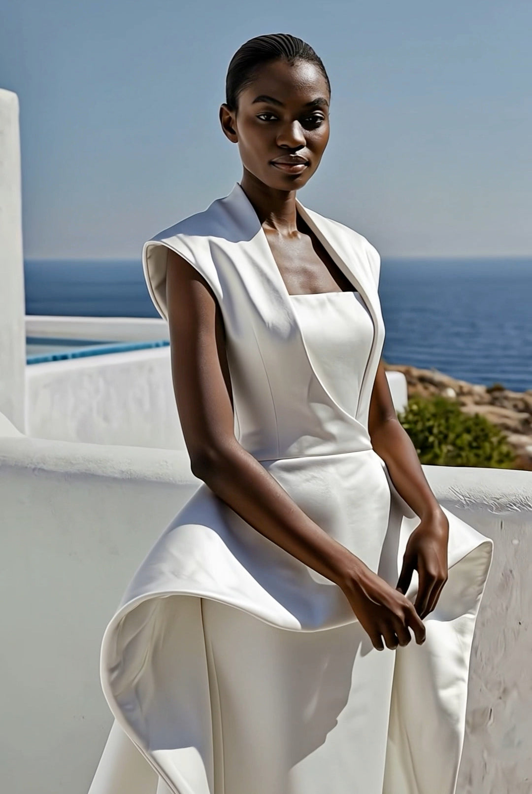 Petra Kara solar architectural dress featuring flowing fabric and modern design, displayed on a model.
