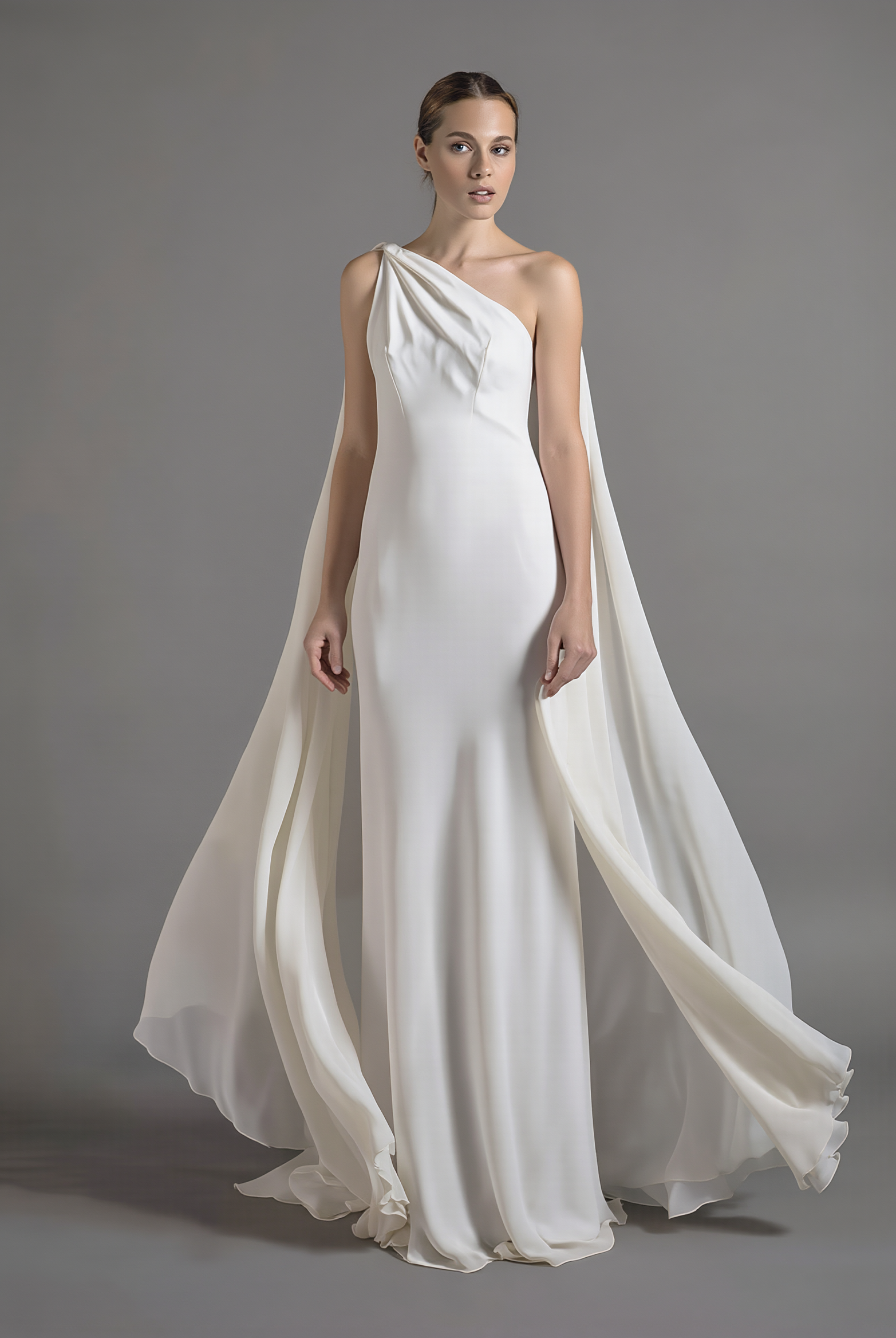 Petra Kara Bridal one-arm chiffon cape in size S-XXXL, flowing fabric with elegant drape, suitable for wedding or formal attire.