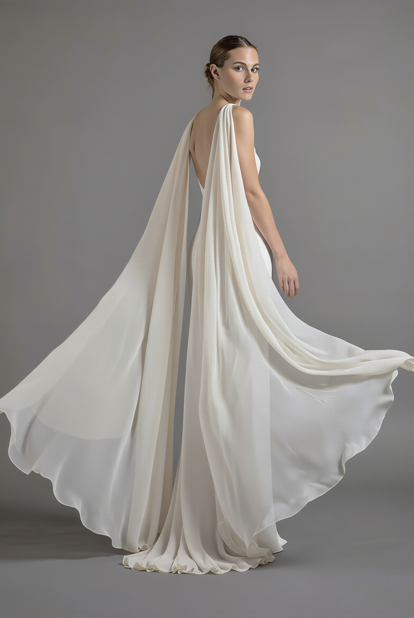 Chiffon bridal cape wings by Atelier Calliste in size S to XXL, flowing sheer fabric with delicate wing design for wedding attire