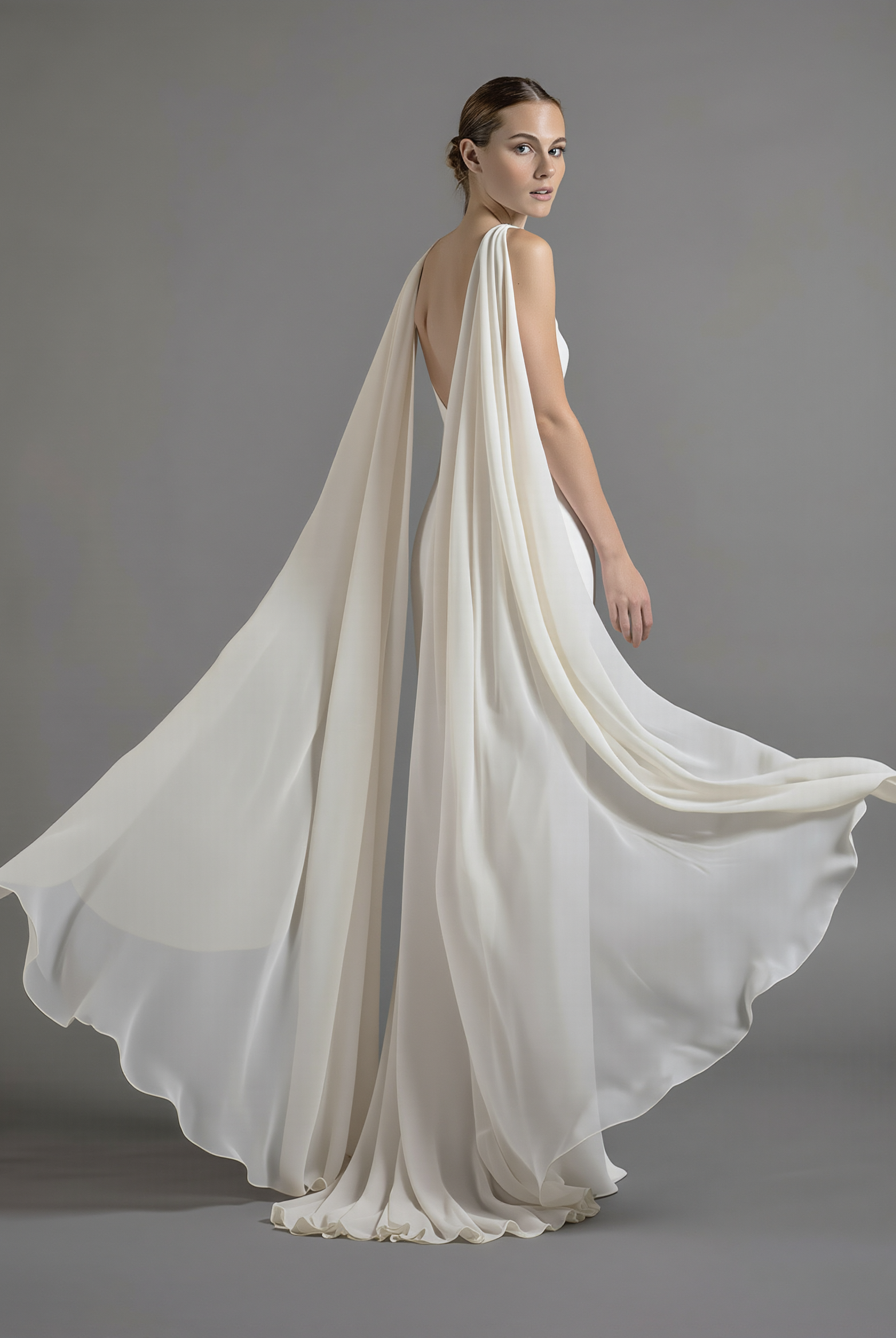 Chiffon bridal cape wings by Atelier Calliste in size S to XXXXL, featuring flowing lightweight fabric and elegant design.