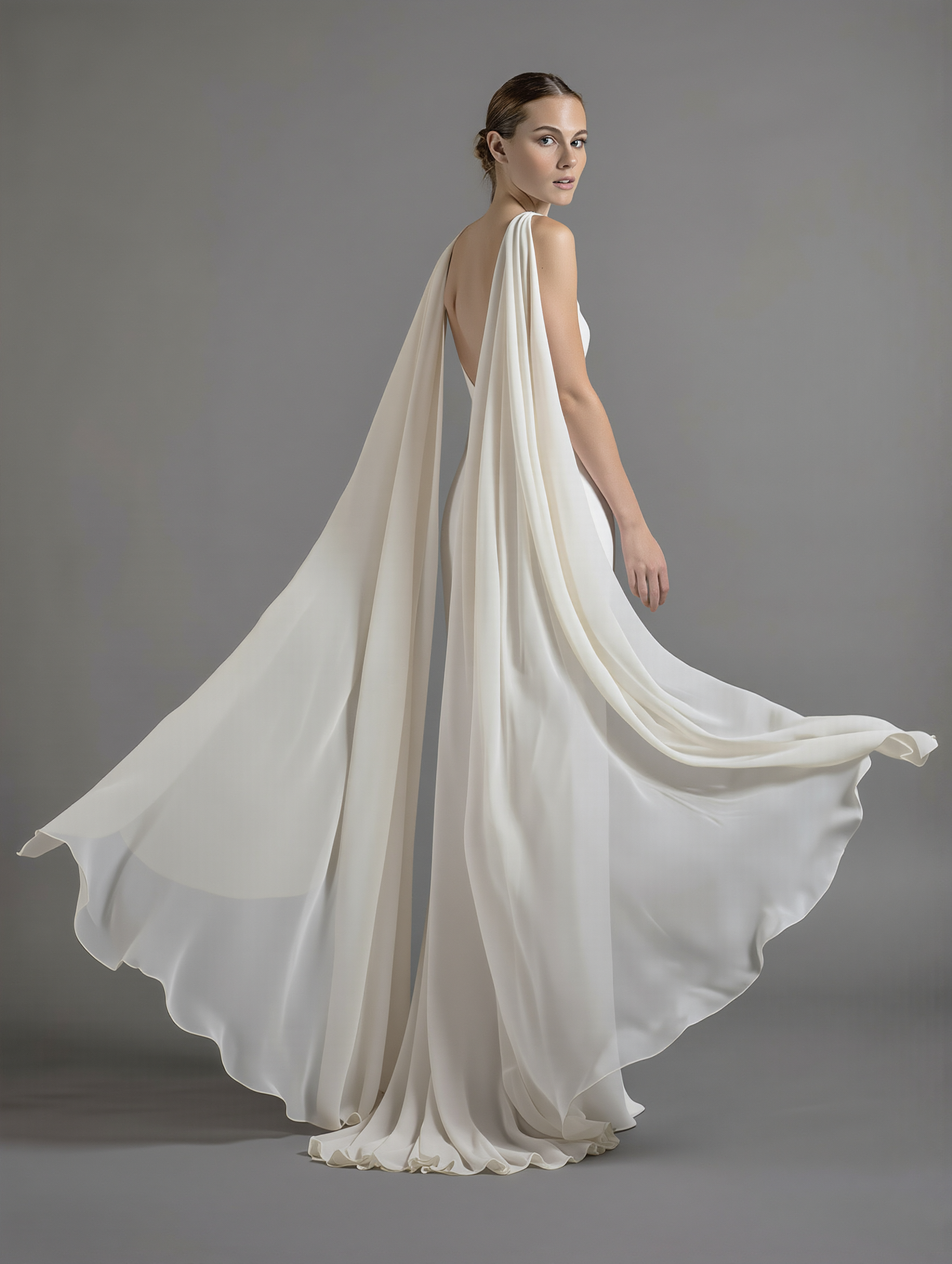 Chiffon bridal cape wings by Atelier Calliste in size S to XXXXL, featuring flowing lightweight fabric and elegant design.