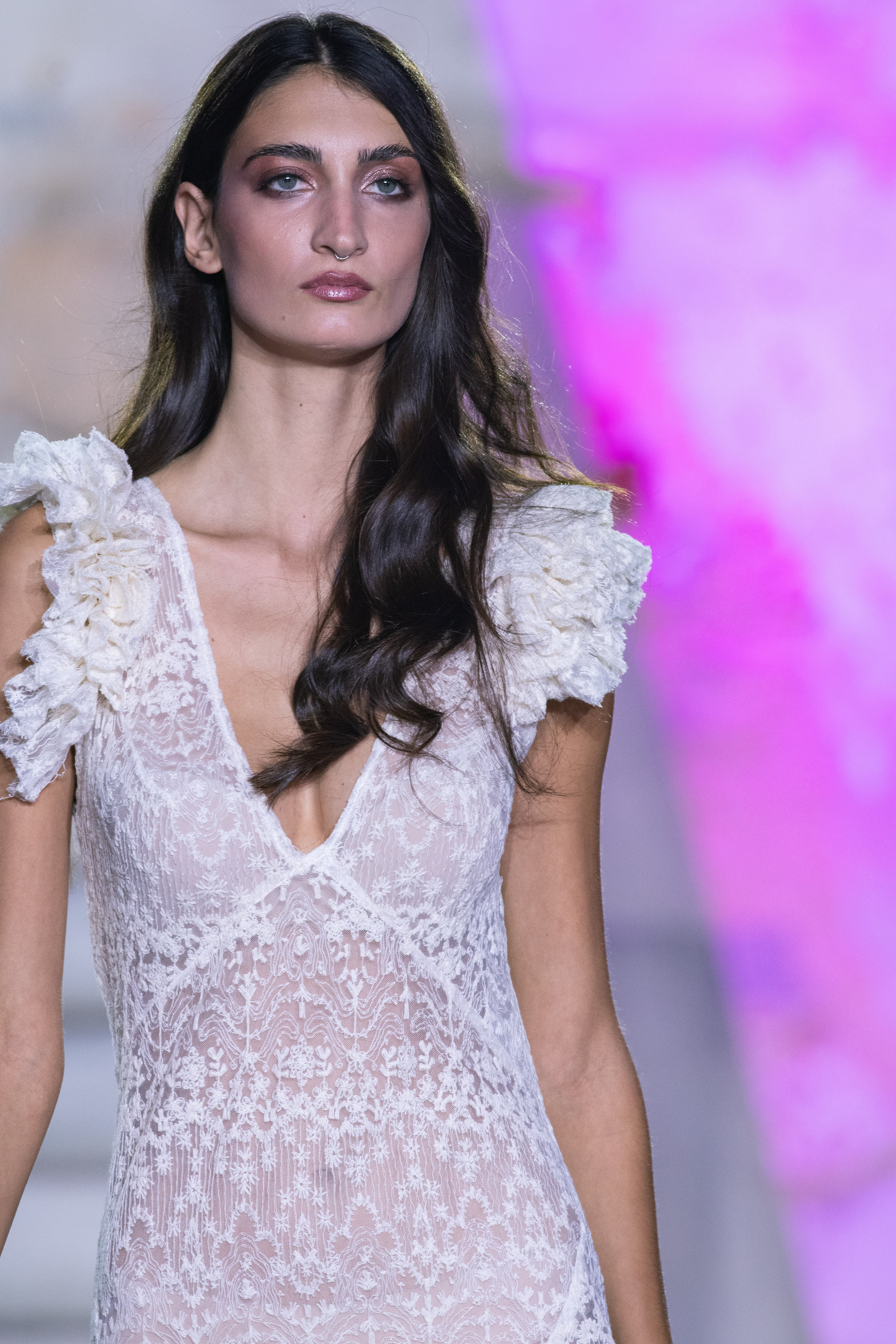 SWAN Ofelia lace boho wedding dress by PETRA KARA BRIDAL featuring intricate lace details and a flowing bohemian silhouette.