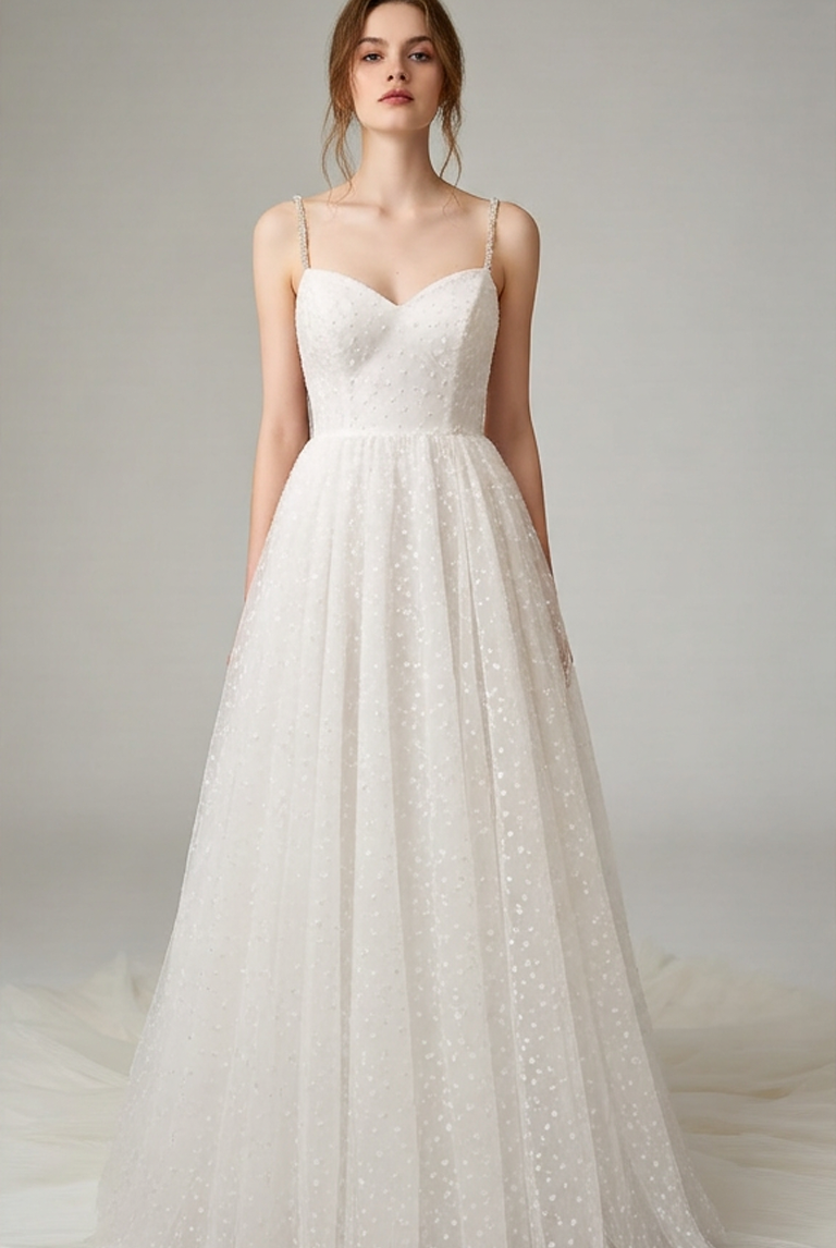 Boho wedding dress by Atelier Calliste with star embellishments, flowing fabric, and elegant design for bohemian bridal style.