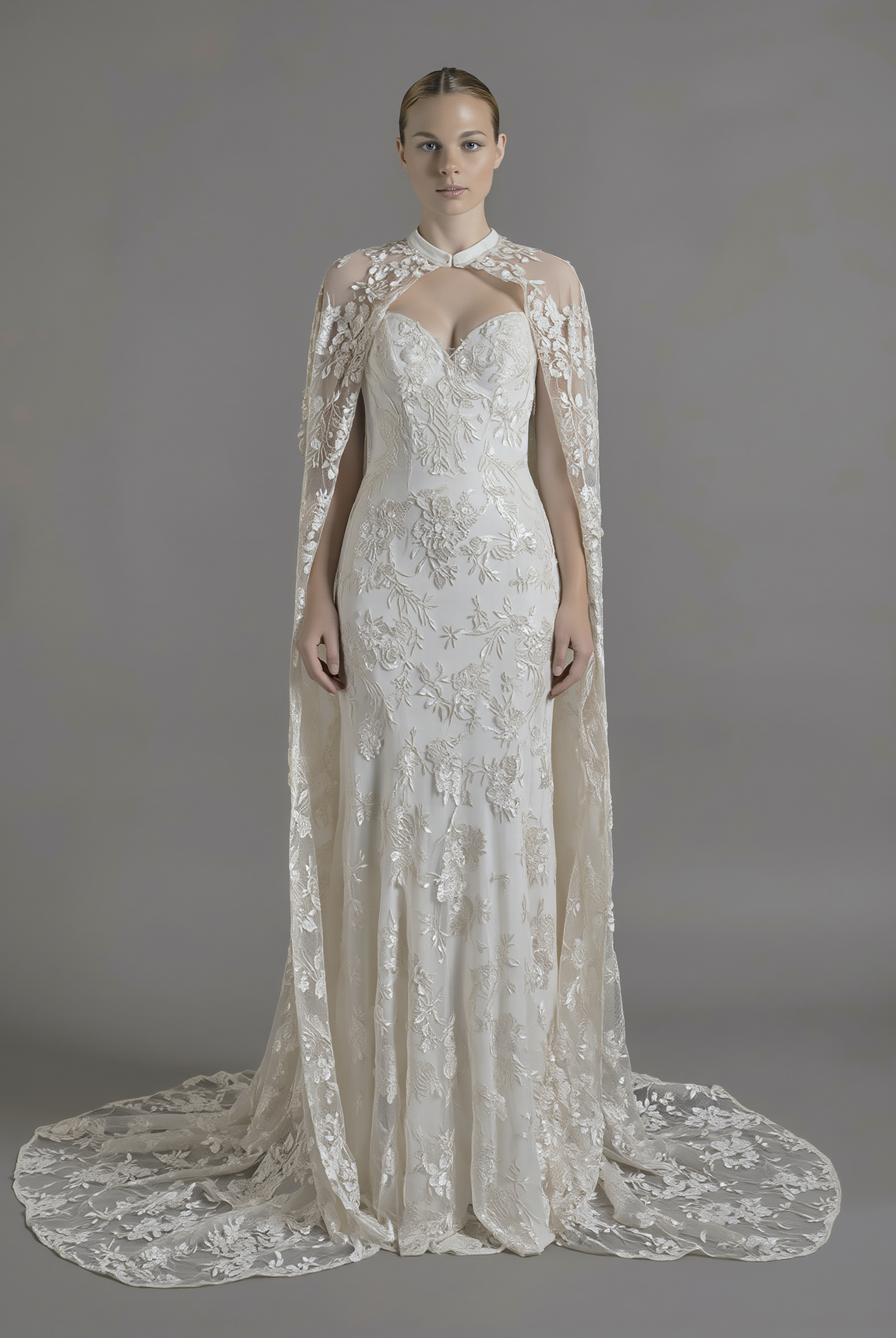 Petra Kara Bridal dramatic lace cape in size S-XXXL, featuring intricate lace details and elegant drape for formal occasions.