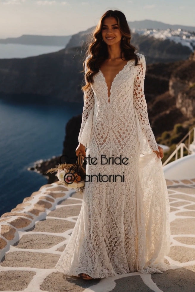 Hippie Calliste crochet boho wedding dress by Petra Kara Bridal, featuring intricate crochet details and a flowing bohemian style.