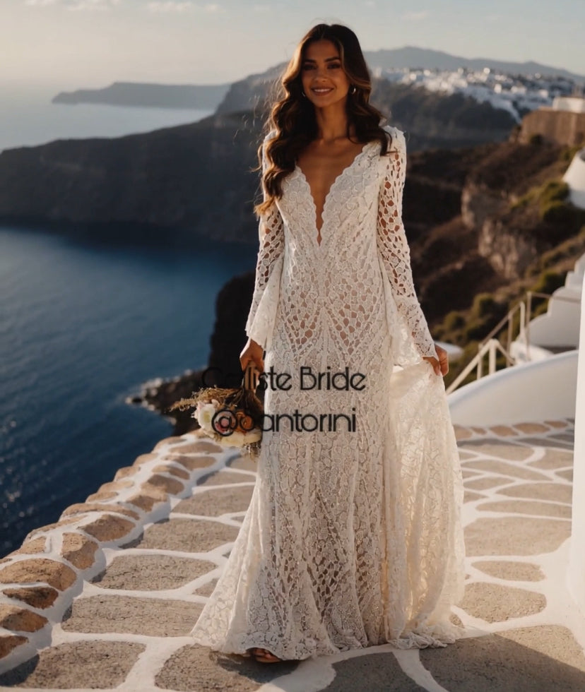 Hippie Calliste crochet boho wedding dress by Petra Kara Bridal, featuring intricate crochet details and a flowing bohemian style.