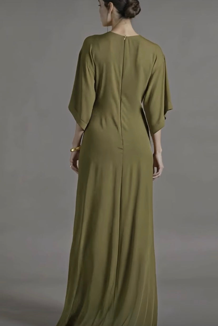 Petra Kara Minimal Ekati Draped Dress in neutral fabric, featuring elegant draping and a sleek silhouette.