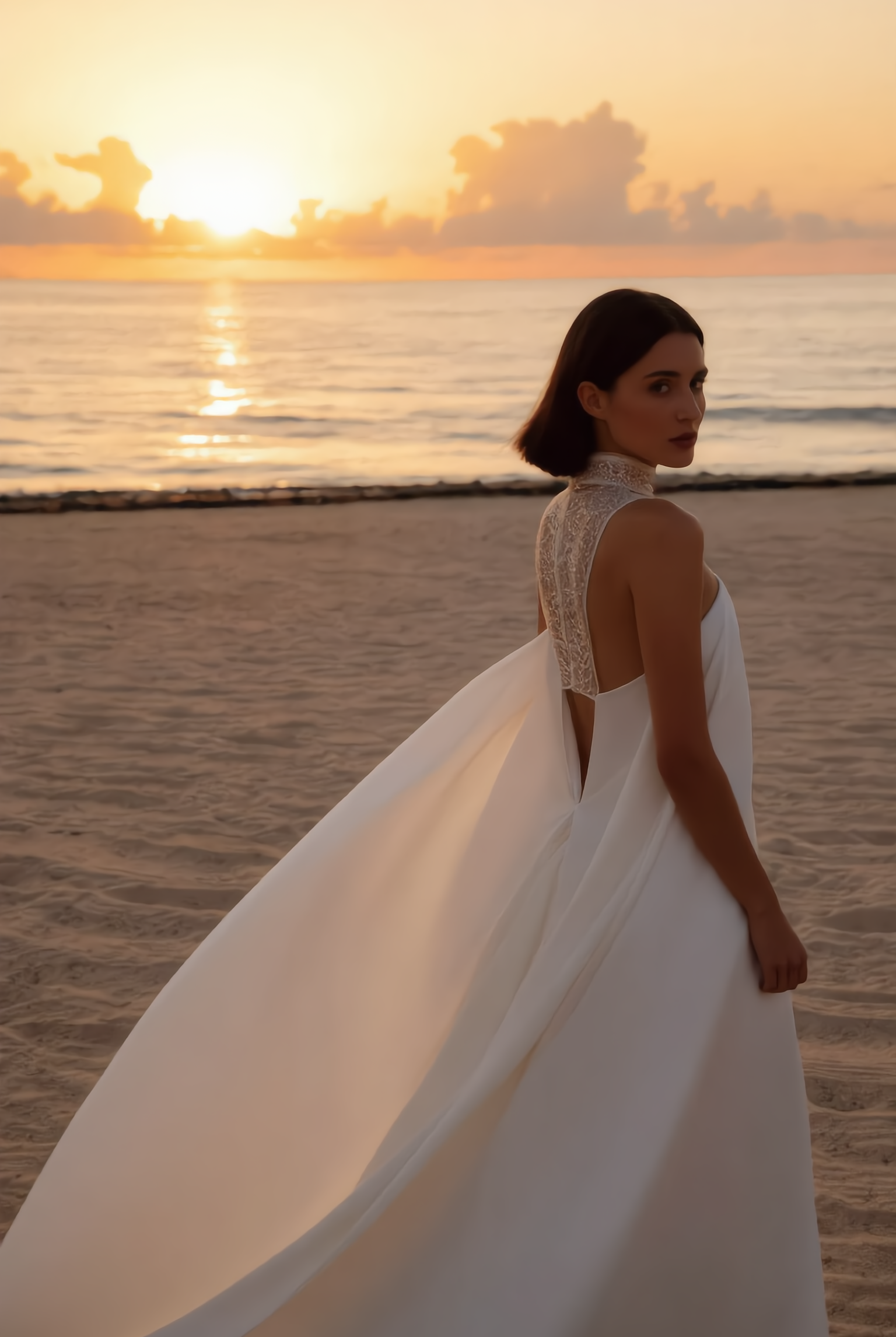 Petra Kara Santorini Elegance Architectural Dress displayed on a mannequin with intricate design details and flowing fabric.
