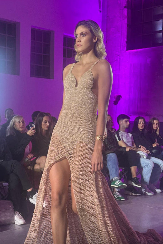 Petra Kara KORI special occasion gold crochet art dress, elegant and intricately designed for formal events