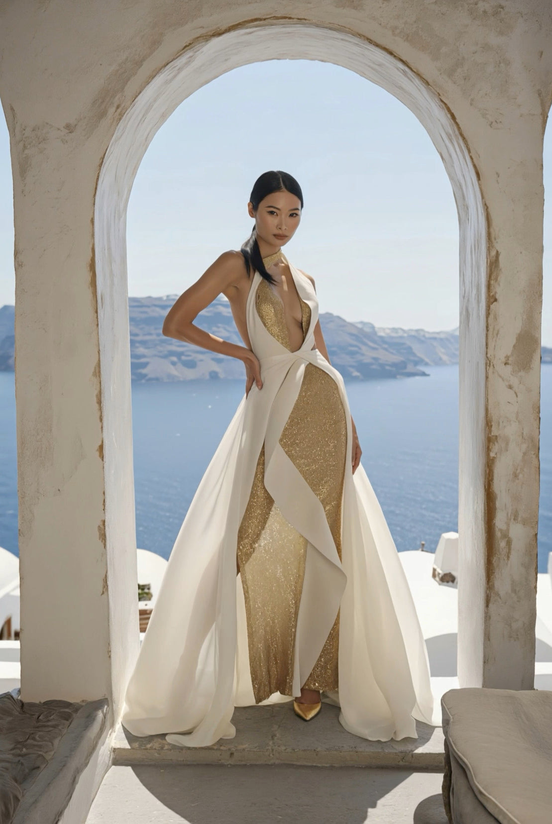 Petra Kara Mythos Dress displayed on a hanger, showcasing its elegant design and fabric details.