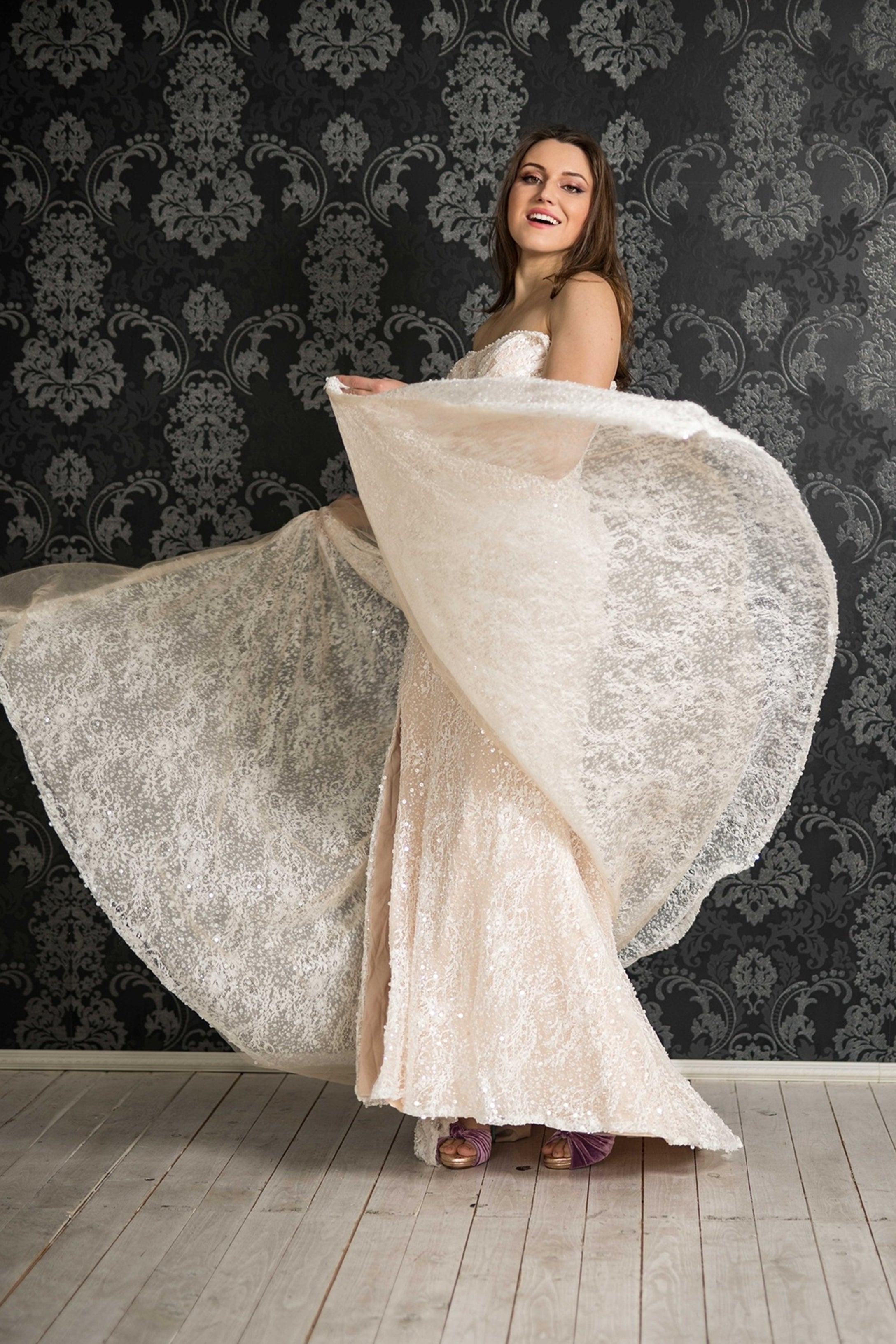 Petra Kara Celeste Size 6 luxe beaded gown with a detachable overskirt, featuring intricate beadwork and elegant design.