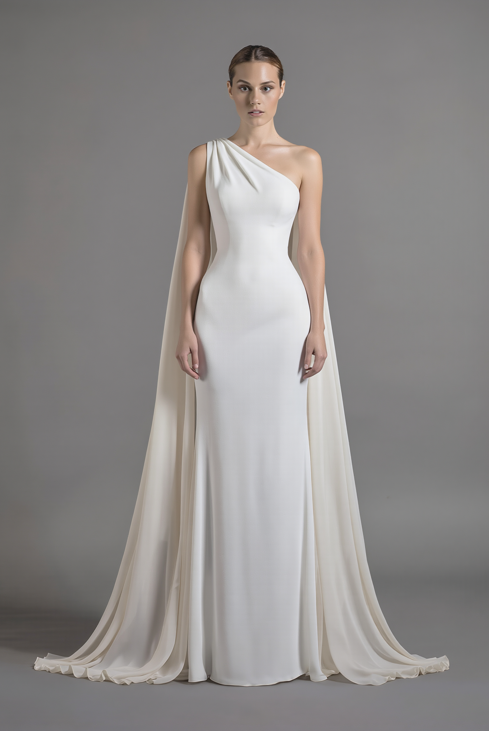 Petra Kara Bridal one-arm chiffon cape in size S-XXXL, flowing elegant overlay with delicate fabric and stylish design.