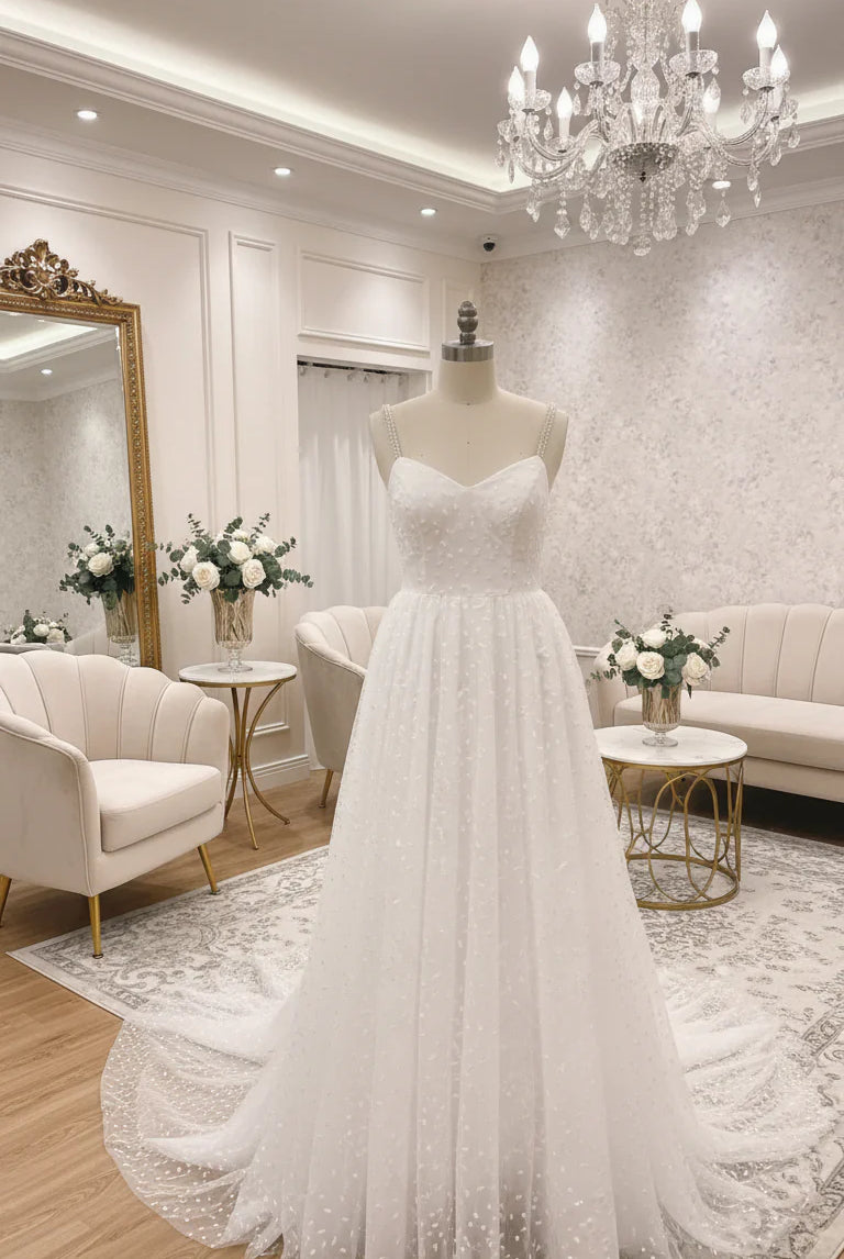 Boho wedding dress with star embellishments by Atelier Calliste, featuring flowing fabric and intricate lace details.