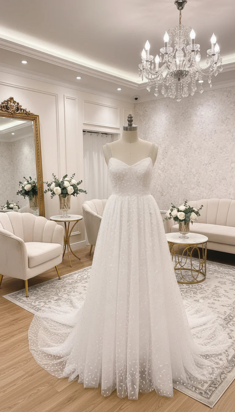 Boho wedding dress with star embellishments by Atelier Calliste, featuring flowing fabric and intricate lace details.