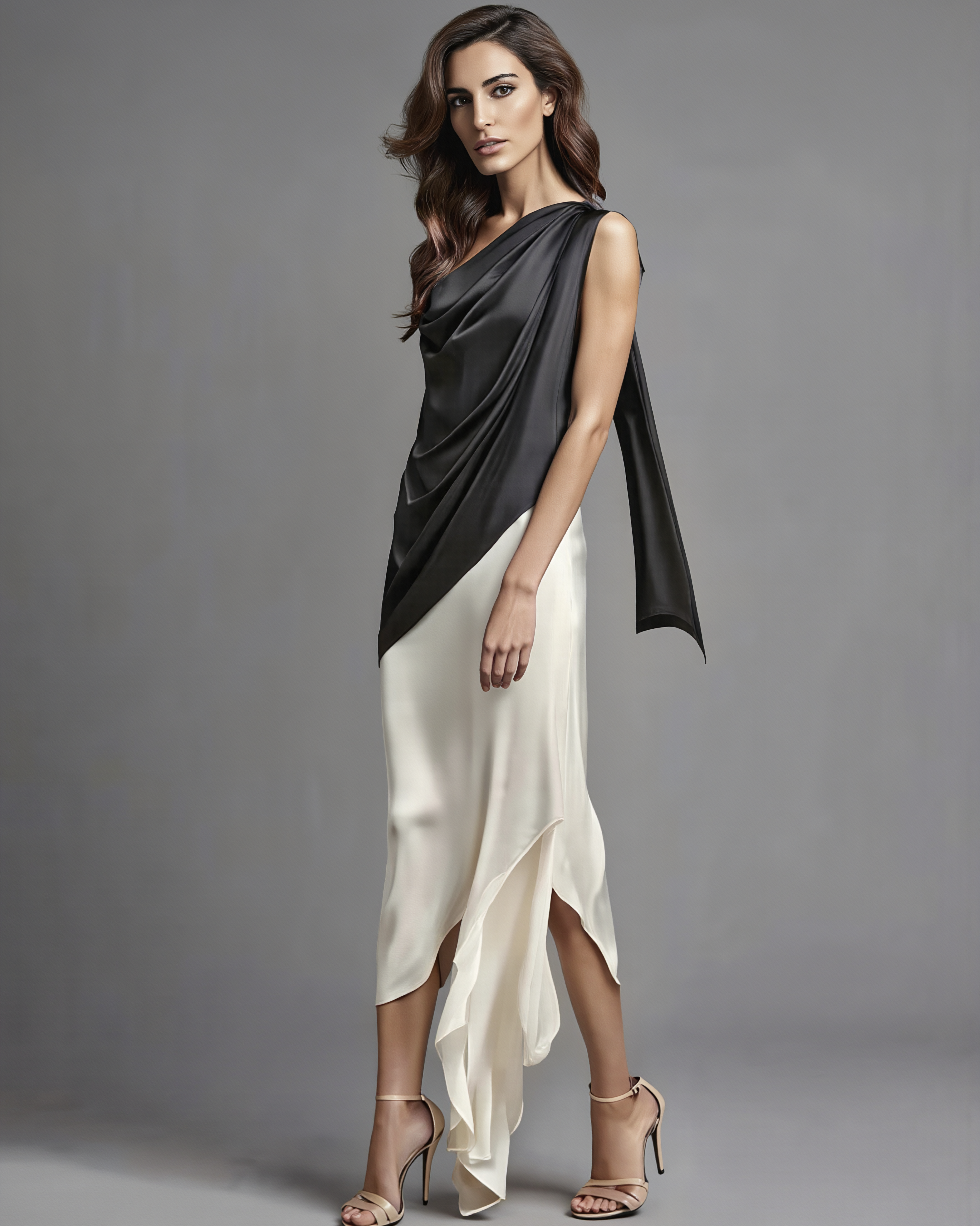 Demi black and ivory midi dress by Petra Kara Bridal, featuring elegant fabric and a fitted silhouette for special occasions.