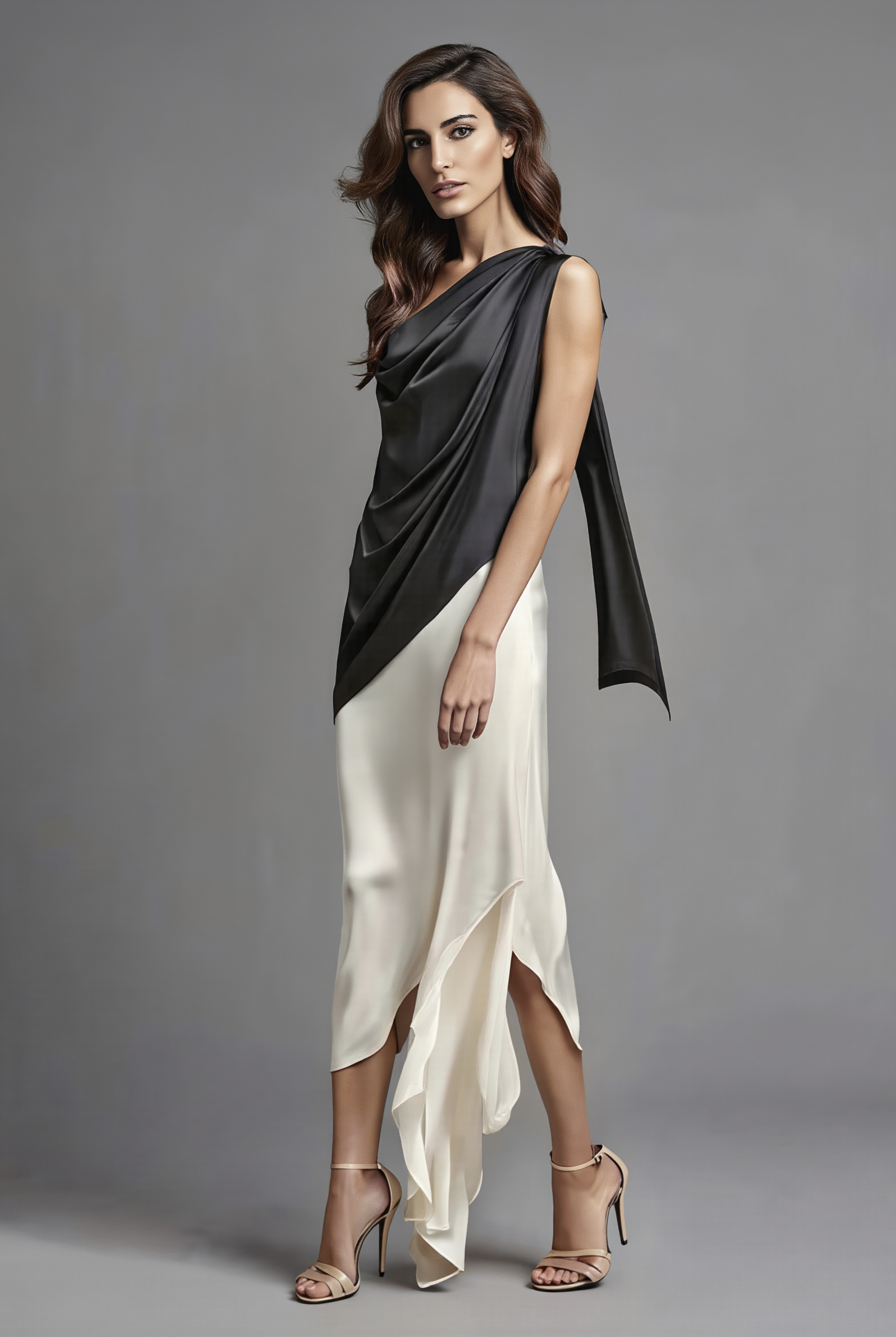 Demi black and ivory cocktail midi dress by PETRA KARA BRIDAL, featuring elegant design and fitted silhouette.