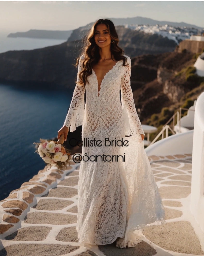 Hippie Calliste crochet boho wedding dress by Petra Kara Bridal with intricate lace details and flowing silhouette in natural fabric