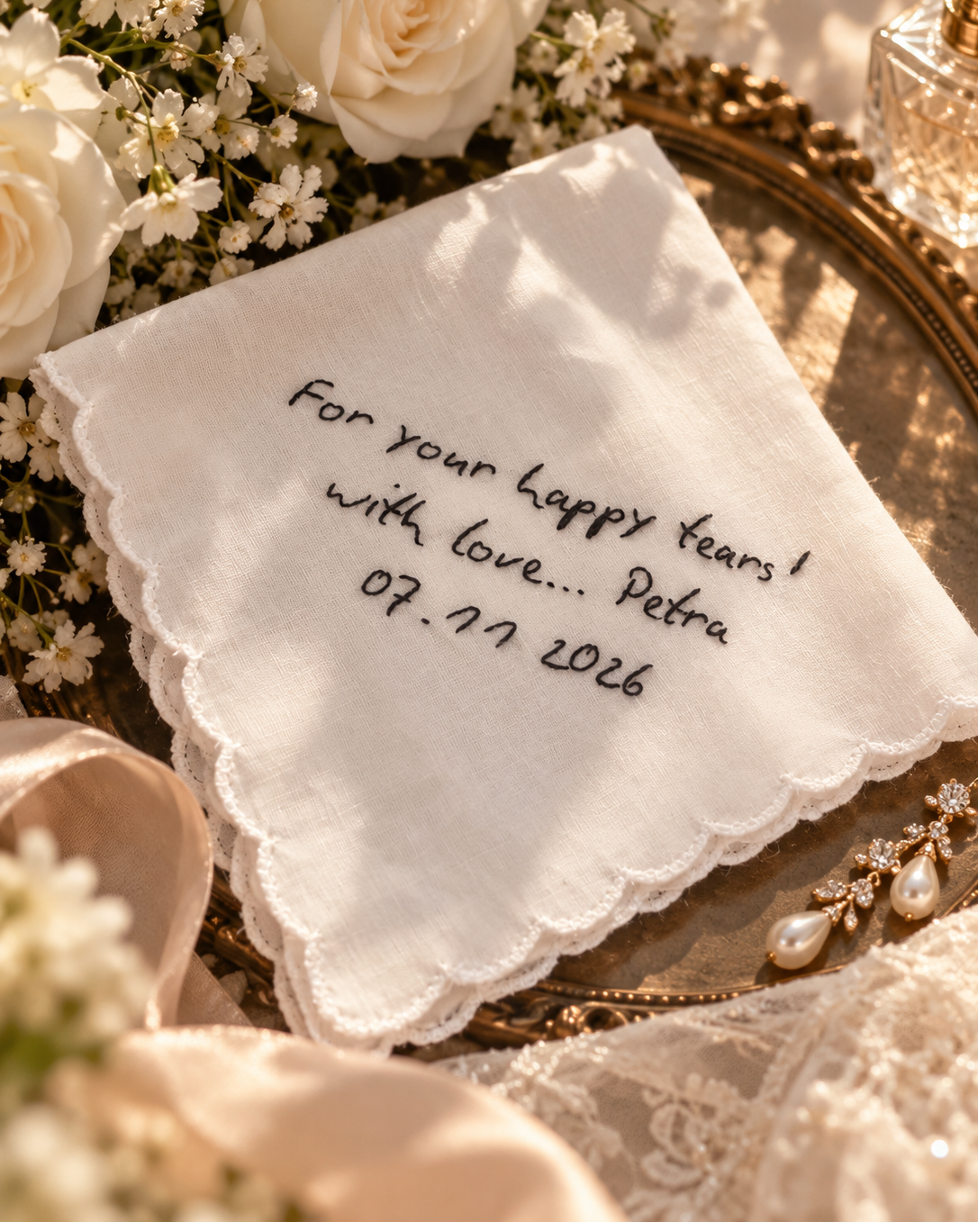 Personalized embroidered cotton wedding or love keepsake by Petra Kara Bridal, featuring custom embroidery on soft white fabric.