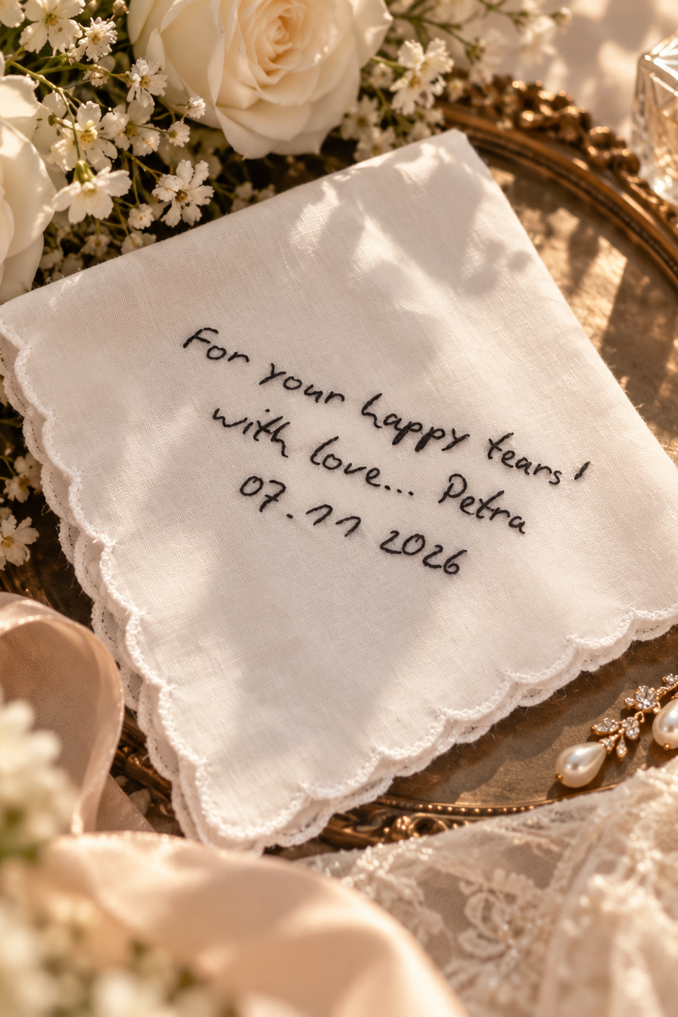 Personalized embroidered cotton wedding or love keepsake by Petra Kara Bridal, featuring custom embroidery on soft white fabric.