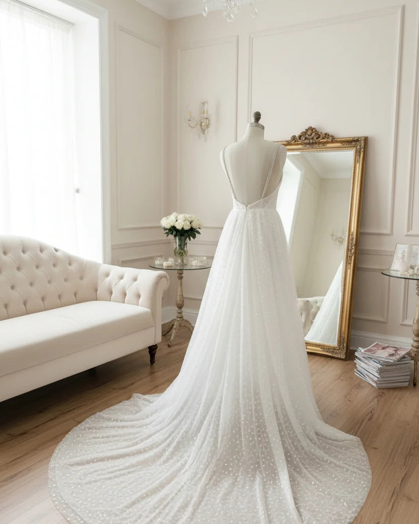 Boho wedding dress from the STARS collection by Atelier Calliste featuring flowing fabric and intricate lace details.
