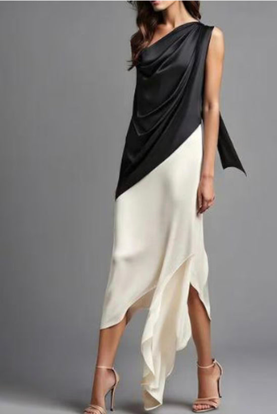 Demi black and ivory midi dress by Petra Kara Bridal, featuring elegant fabric and a fitted silhouette.