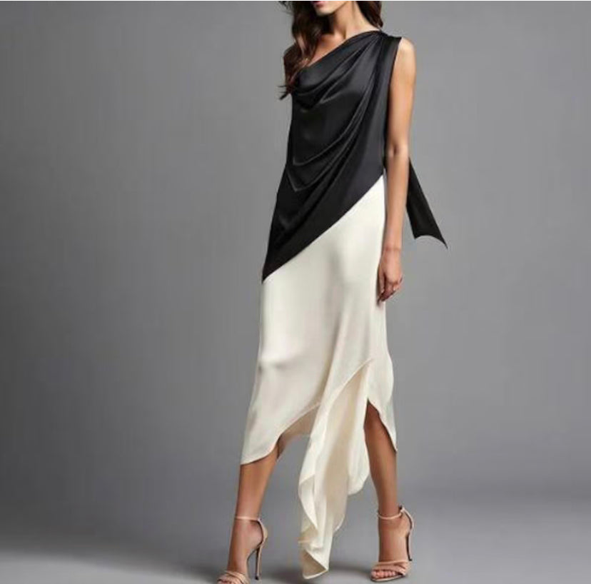 Demi black and ivory midi dress by Petra Kara Bridal, featuring elegant fabric and a fitted silhouette.