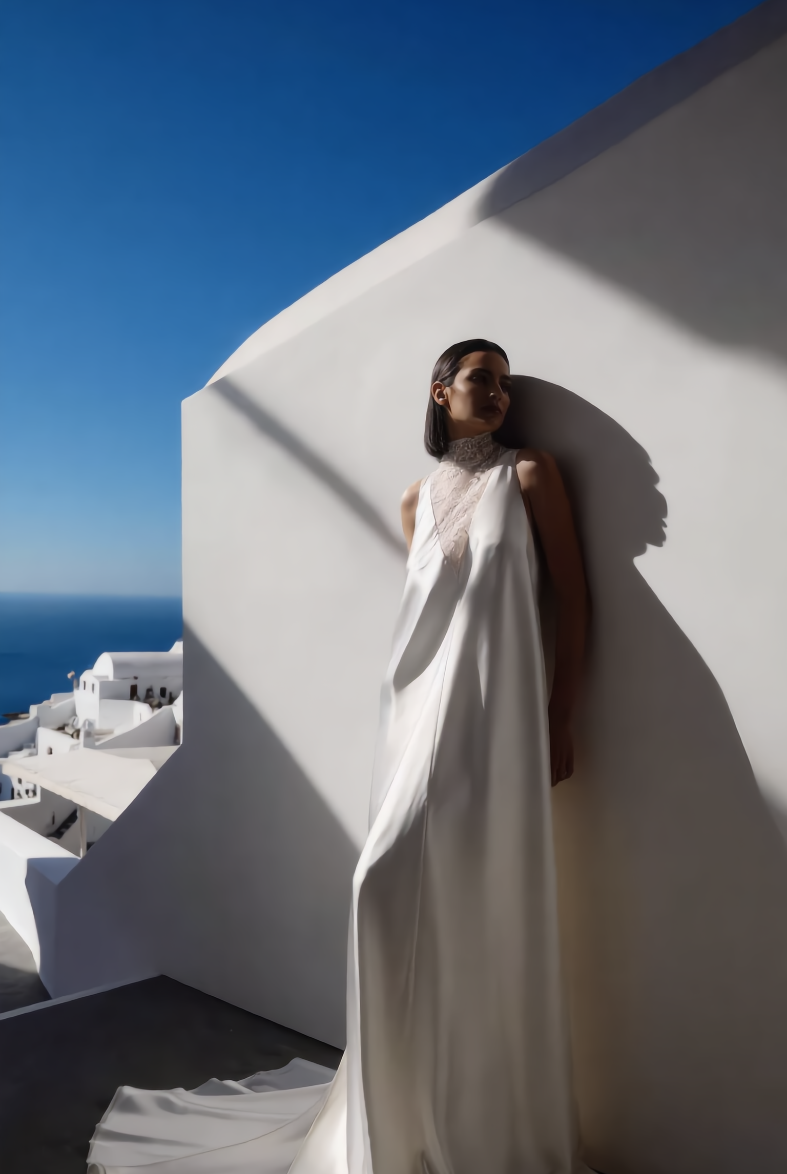 Petra Kara Santorini Elegance architectural dress displayed on a hanger with intricate design details and soft fabric textures.