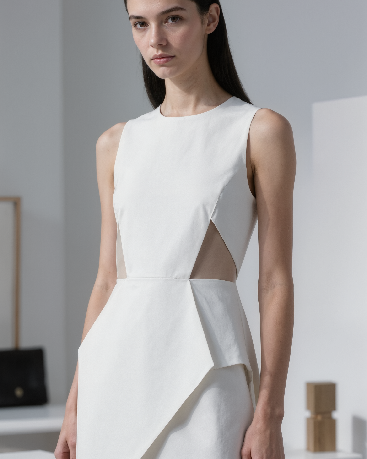 PETRA KARA Origami Mini Dress in vibrant fabric, featuring a fitted silhouette and stylish design, displayed on a mannequin.