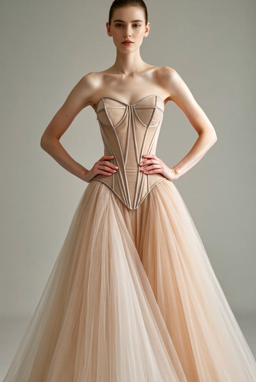 Petra Kara architectural corset dress featuring structured design and intricate detailing, shown in a close-up image.