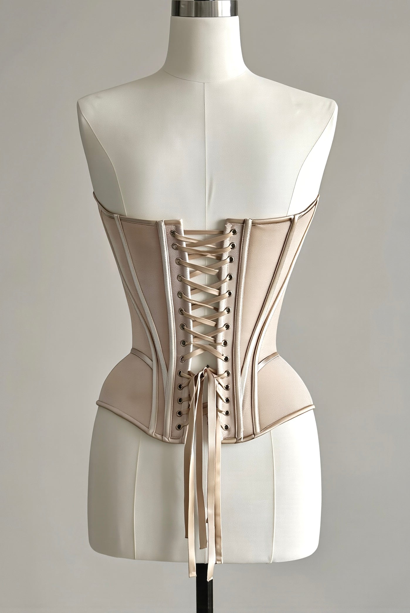 PETRA KARA architectural corset with structured design, visible boning, and intricate detailing on black fabric.