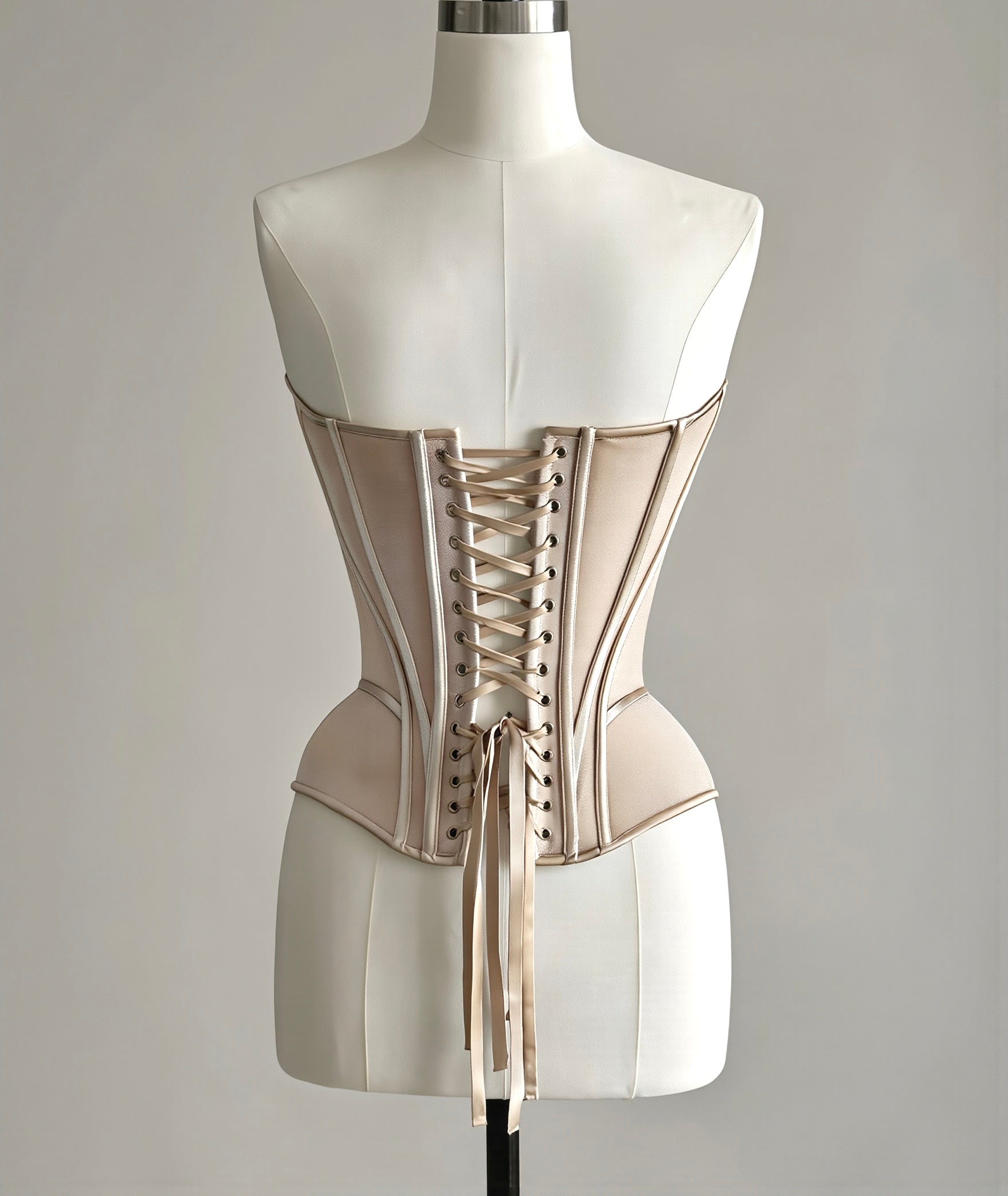 PETRA KARA architectural corset with structured design, visible boning, and intricate detailing on black fabric.