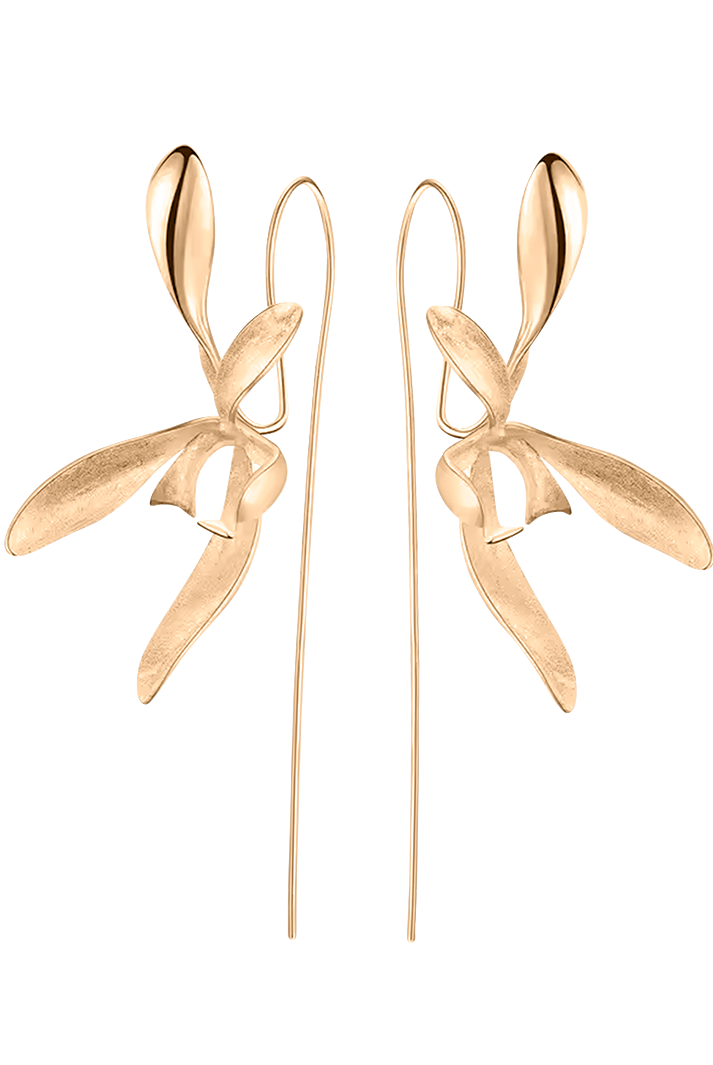 Gold orchid bloom earrings by PM Atelier featuring intricate floral design and elegant dangle style for women.